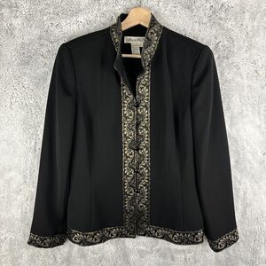 Vintage Marie St. Claire Suit Jacket Black Gold Floral Embroidered Lined Size 12